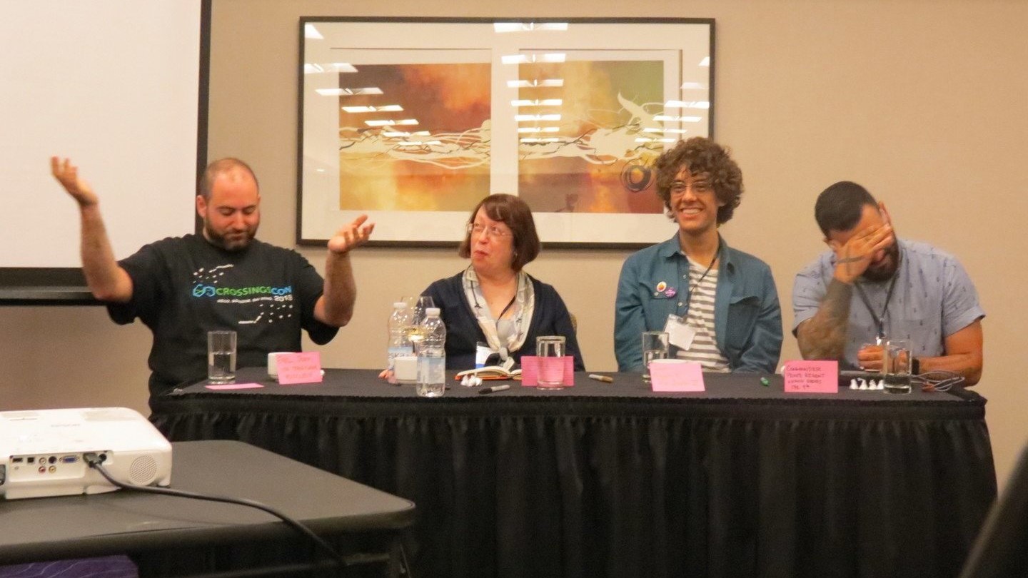 Guests of Honor Diane Duane and Mark Oshiro play Baron Munchausen with con staffers Eli and Megan